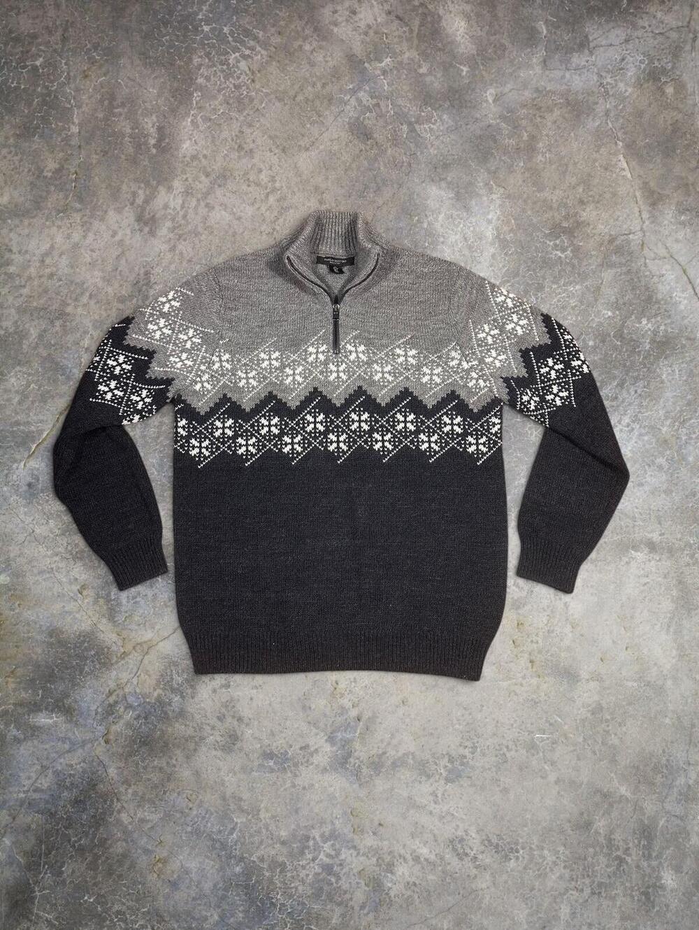 Paolo Mondo Italy Made Fair Isle Knit Quarter Zip Wool Sweater Gray Blue Sz L